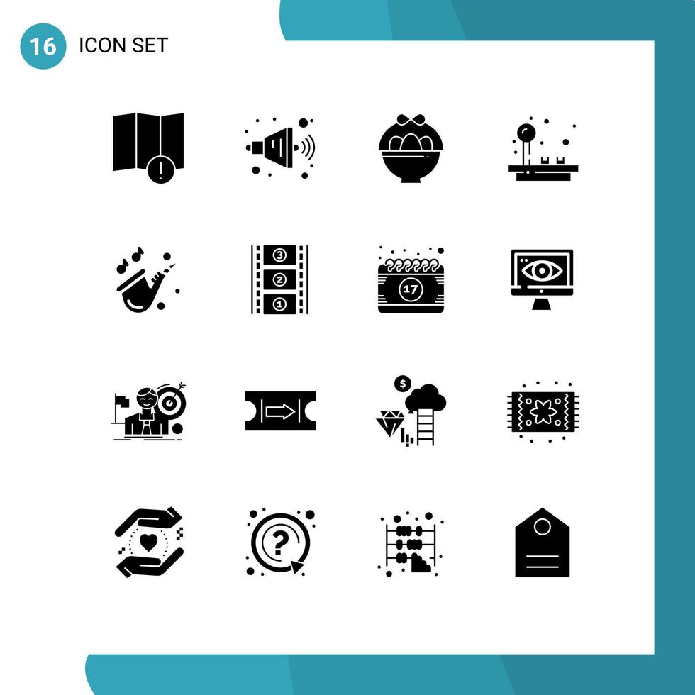 16 User Interface Solid Glyph Pack of modern Signs and Symbols of film reel play easter music play Editable Vector Design Elements