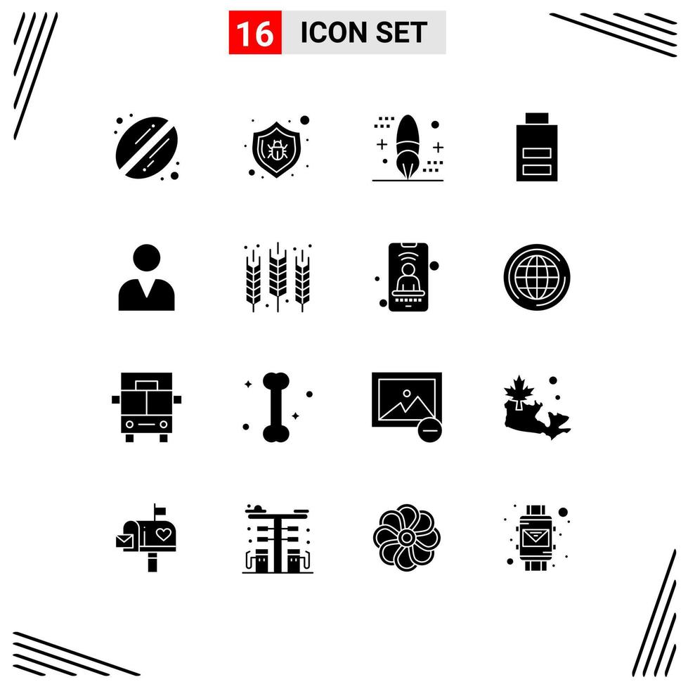 16 Universal Solid Glyph Signs Symbols of man user coding low battery Editable Vector Design Elements