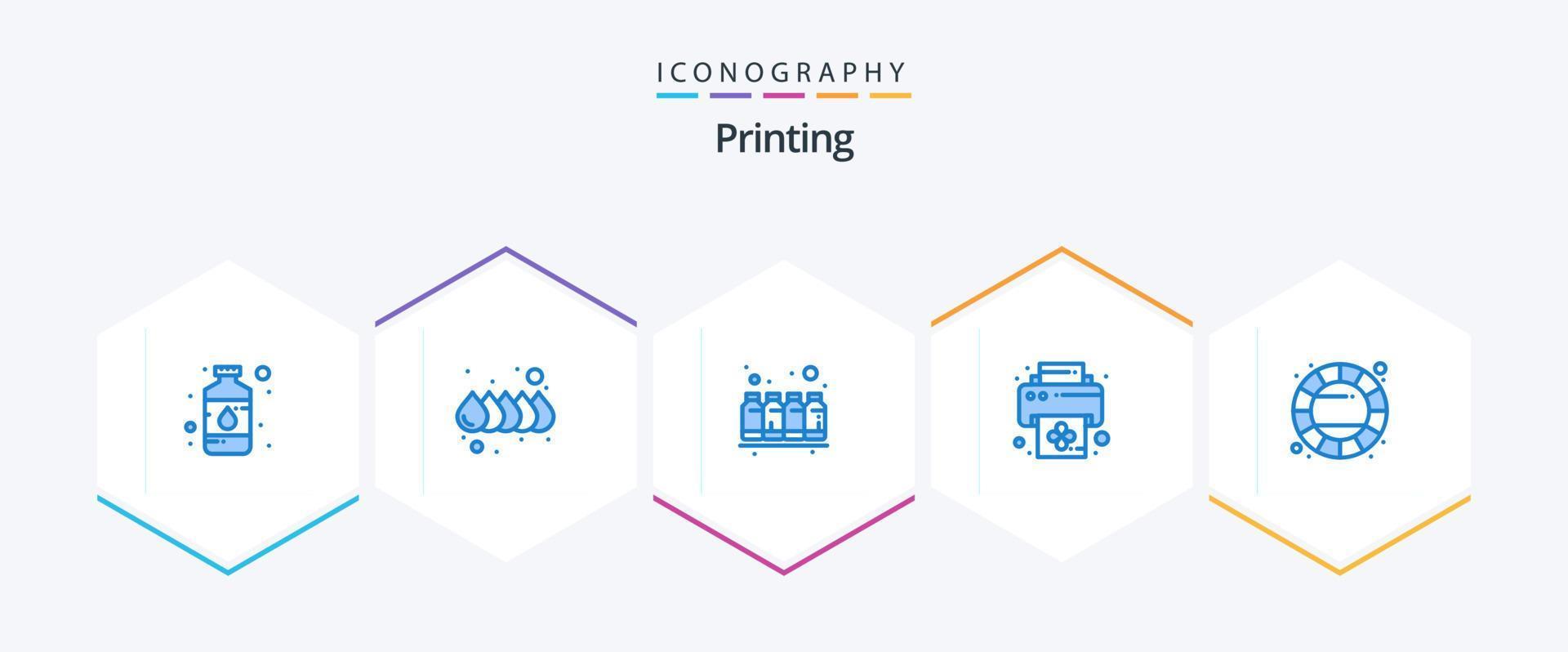 imprimiendo 25 paquetes de iconos azules que incluyen creatividad. impresora. botella. imprimir. colores vector