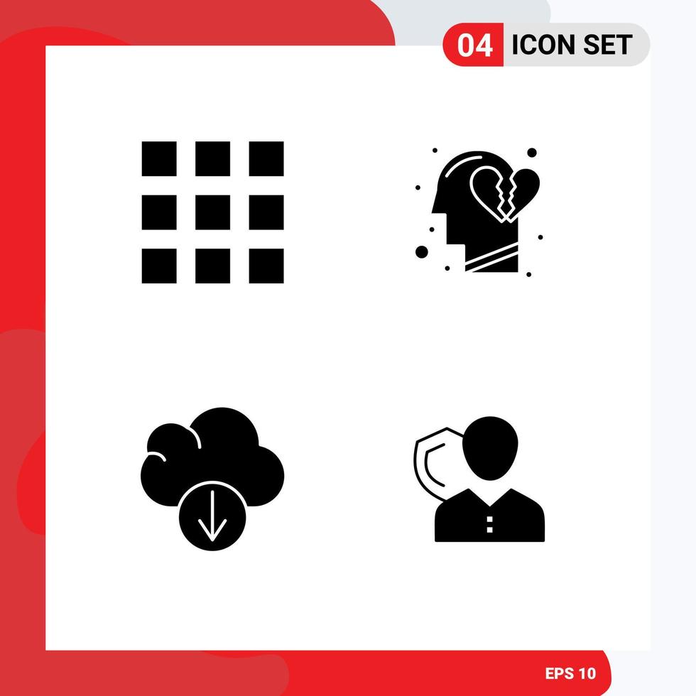 Group of 4 Solid Glyphs Signs and Symbols for grid security feeling cloud insurance Editable Vector Design Elements