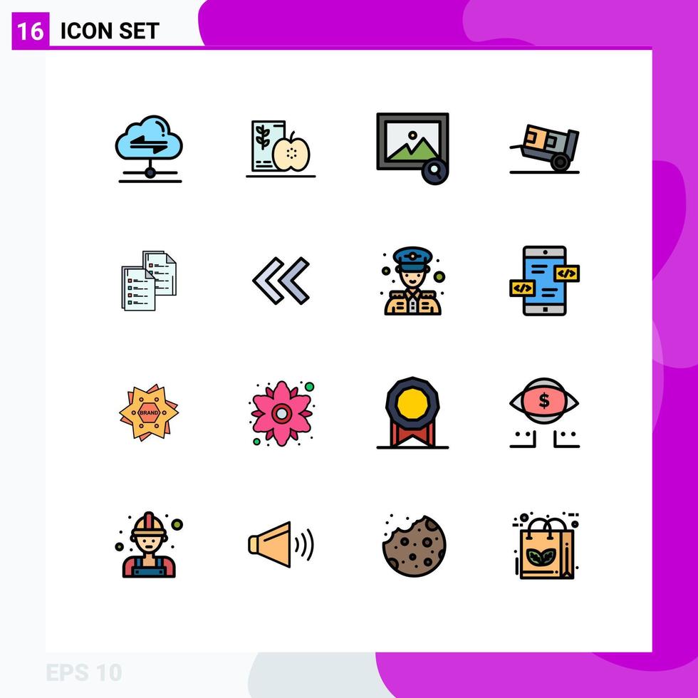 Set of 16 Vector Flat Color Filled Lines on Grid for analytics shipping healthy logistic delivery Editable Creative Vector Design Elements