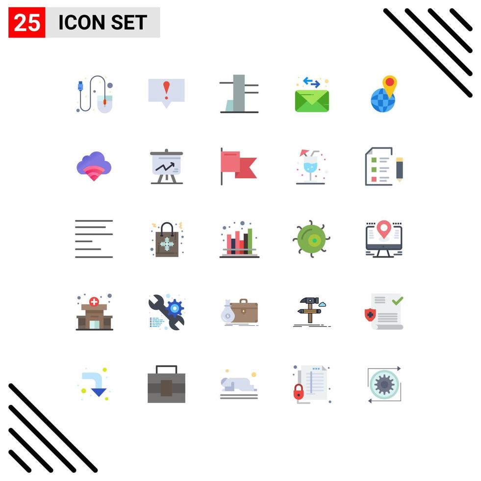 Pack of 25 creative Flat Colors of wifi cloud envelope world location Editable Vector Design Elements