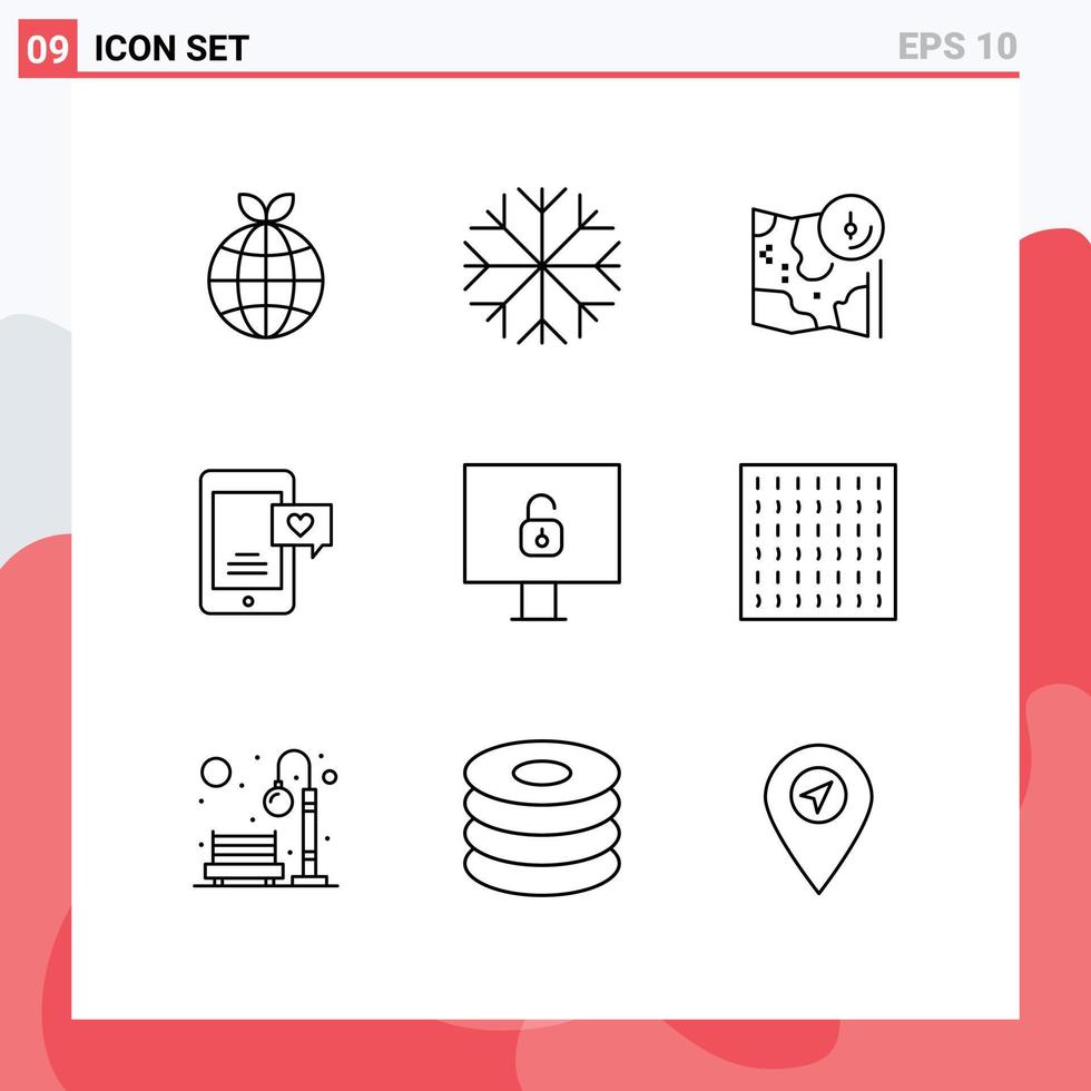 Outline Pack of 9 Universal Symbols of security computer gps love chat chat Editable Vector Design Elements