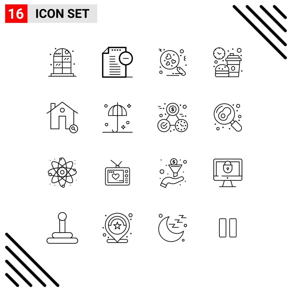 Mobile Interface Outline Set of 16 Pictograms of find buildings love meal food Editable Vector Design Elements