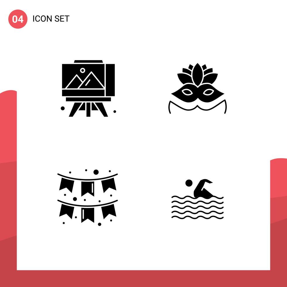 User Interface Pack of 4 Basic Solid Glyphs of easel garlands carnival mask celebration sport Editable Vector Design Elements