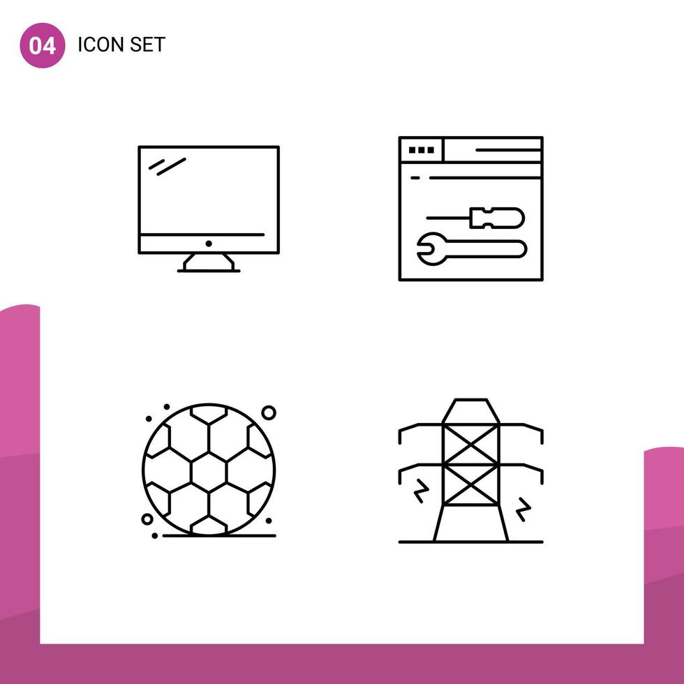 Mobile Interface Line Set of 4 Pictograms of computer education imac service football Editable Vector Design Elements