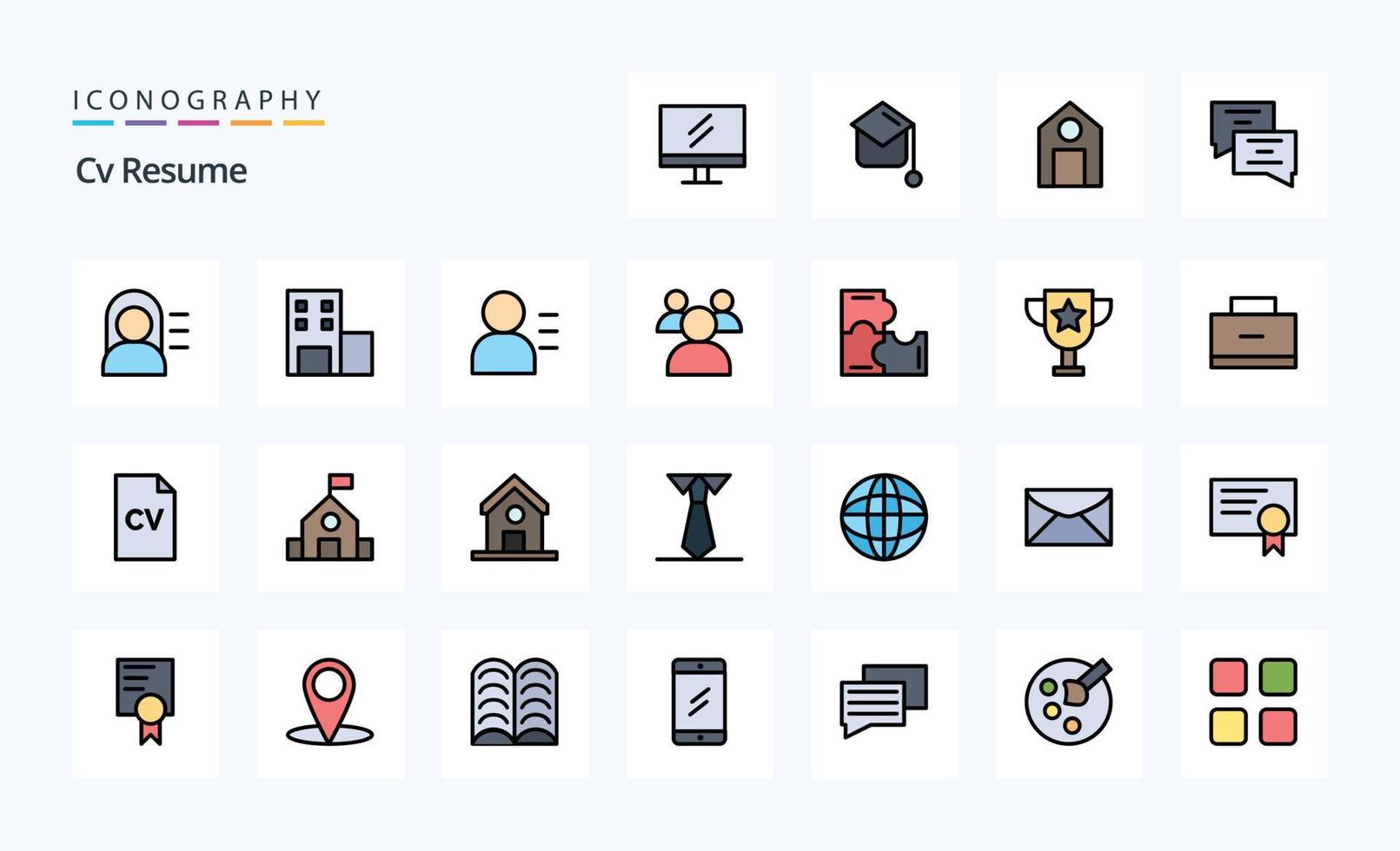 paquete de iconos de estilo lleno de línea de currículum de 25 cv vector