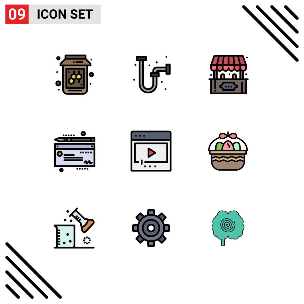 9 User Interface Filledline Flat Color Pack of modern Signs and Symbols of multimedia media fun film cheaque Editable Vector Design Elements