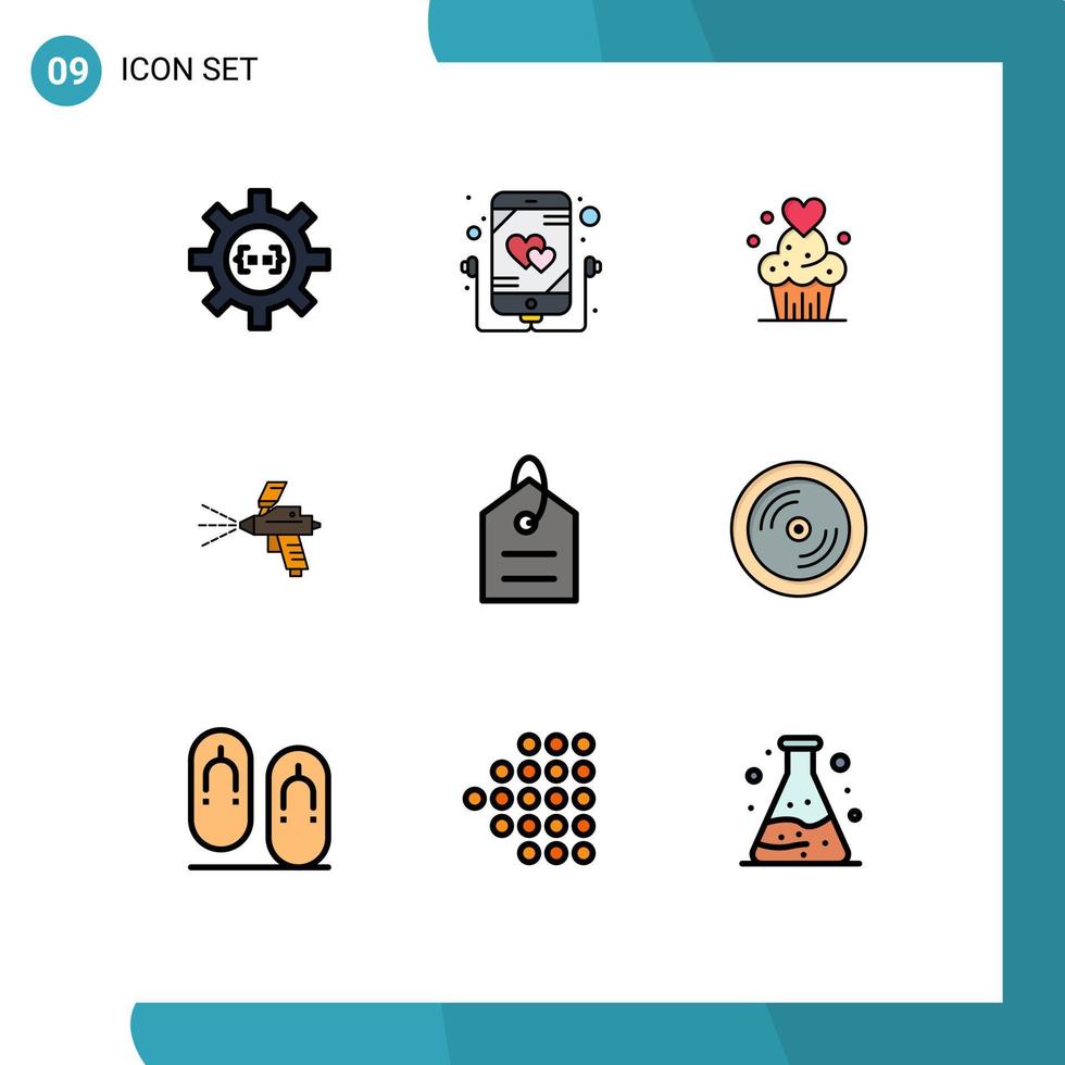 Mobile Interface Filledline Flat Color Set of 9 Pictograms of construction paint music spray baked Editable Vector Design Elements