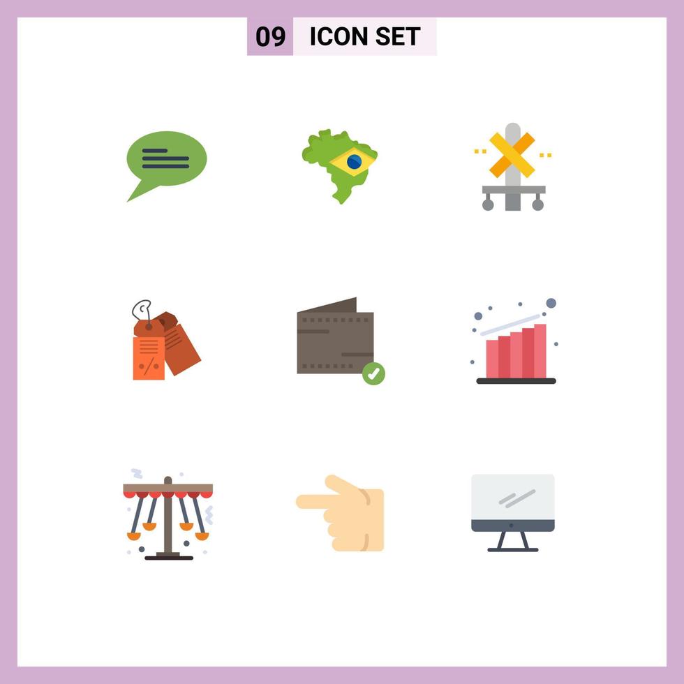 Paquete de 9 colores planos de interfaz de usuario de signos y símbolos modernos de la estación de comercio de billetera agregar elementos de diseño de vector editables de descuento