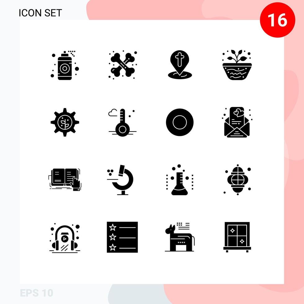 Pack of 16 Modern Solid Glyphs Signs and Symbols for Web Print Media such as earth study location science education Editable Vector Design Elements