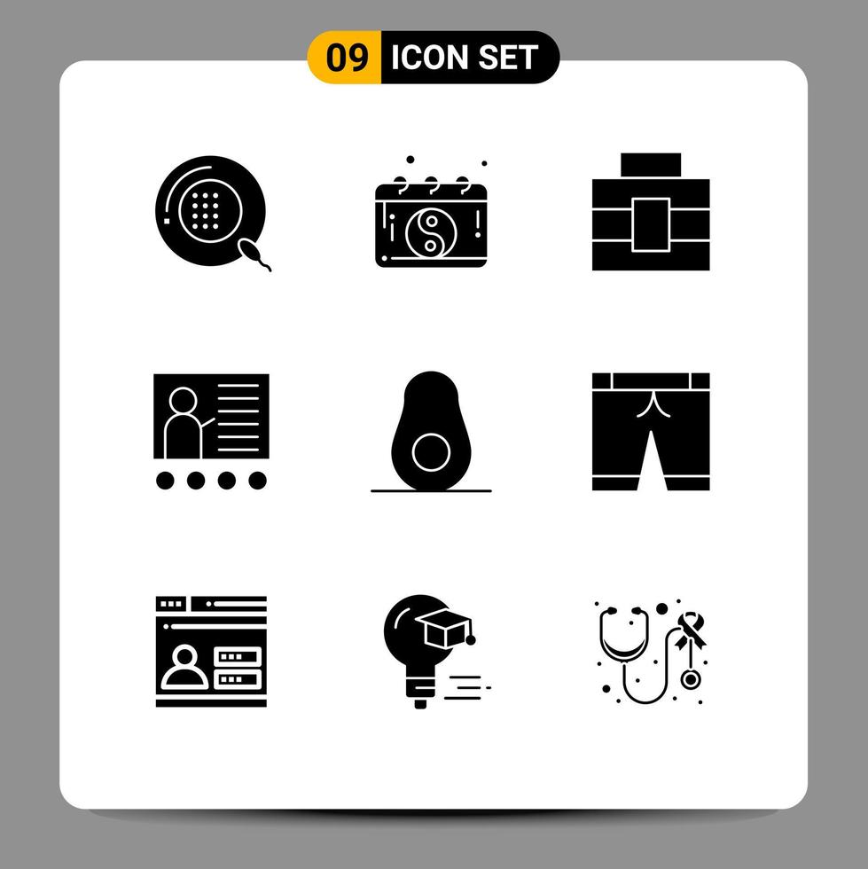 9 Thematic Vector Solid Glyphs and Editable Symbols of avocado presentation mandarin education blackboard Editable Vector Design Elements