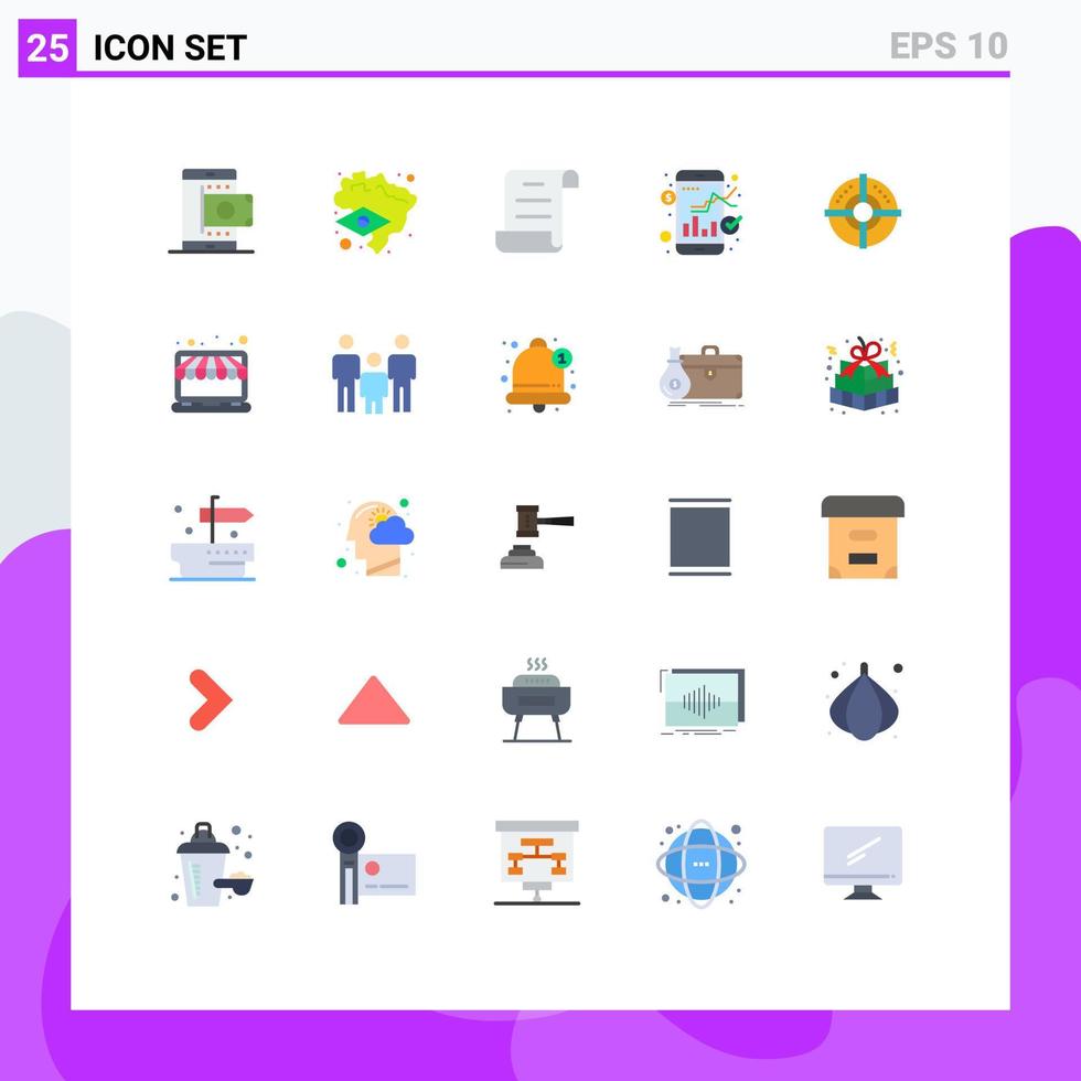 Mobile Interface Flat Color Set of 25 Pictograms of strategy target document online trade market Editable Vector Design Elements