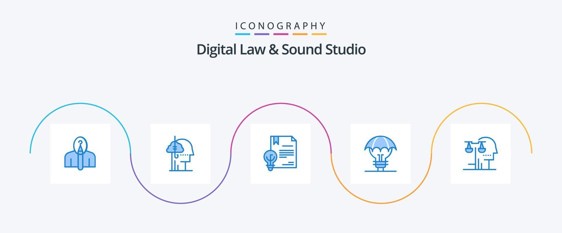 Paquete de 5 íconos azules de estudio de derecho y sonido digital que incluye defensa. ideas protegidas. hábito. ley. digital vector