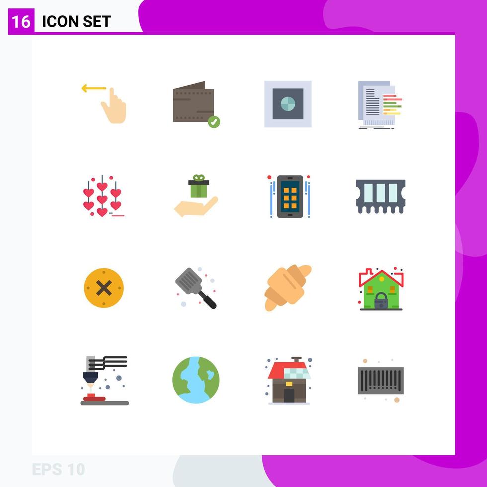Mobile Interface Flat Color Set of 16 Pictograms of love valuation finance reports data Editable Pack of Creative Vector Design Elements