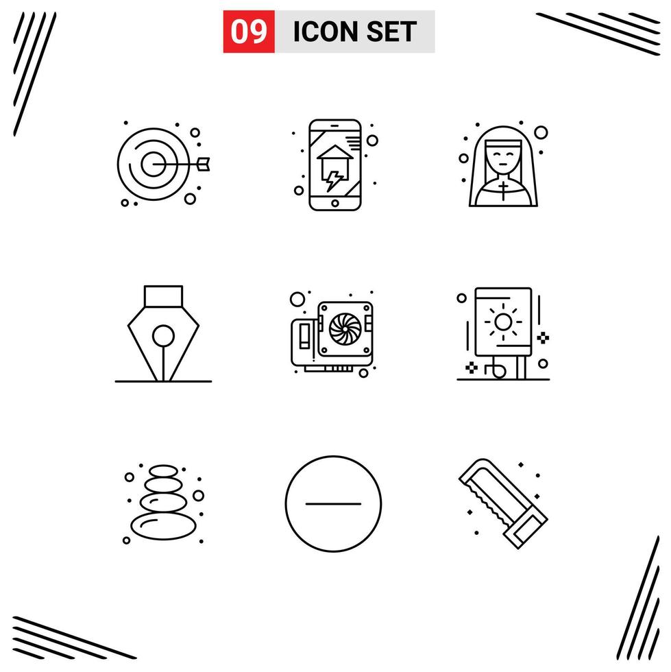 Pictogram Set of 9 Simple Outlines of card pen smart house ink nun Editable Vector Design Elements