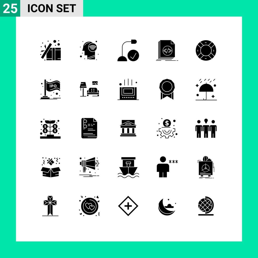 Mobile Interface Solid Glyph Set of 25 Pictograms of programming coding wifi signal code gadget Editable Vector Design Elements