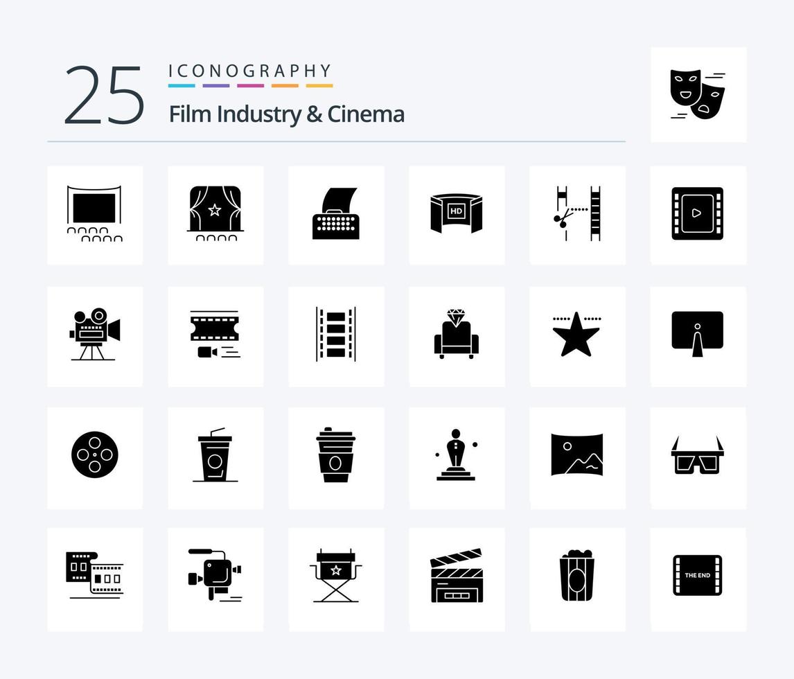 Cenima 25 Solid Glyph icon pack including cienma tape. cutting. cinematography. cinematography. hd vector