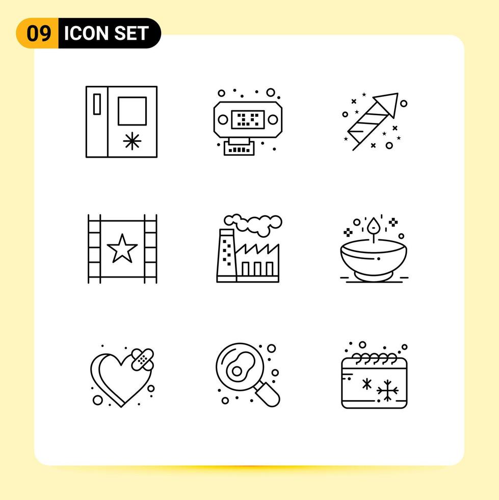 Set of 9 Modern UI Icons Symbols Signs for smoke pollution fireworks factory stream Editable Vector Design Elements