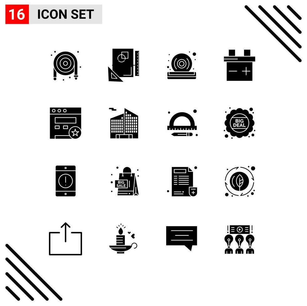 16 User Interface Solid Glyph Pack of modern Signs and Symbols of website bookmark sketching car player Editable Vector Design Elements