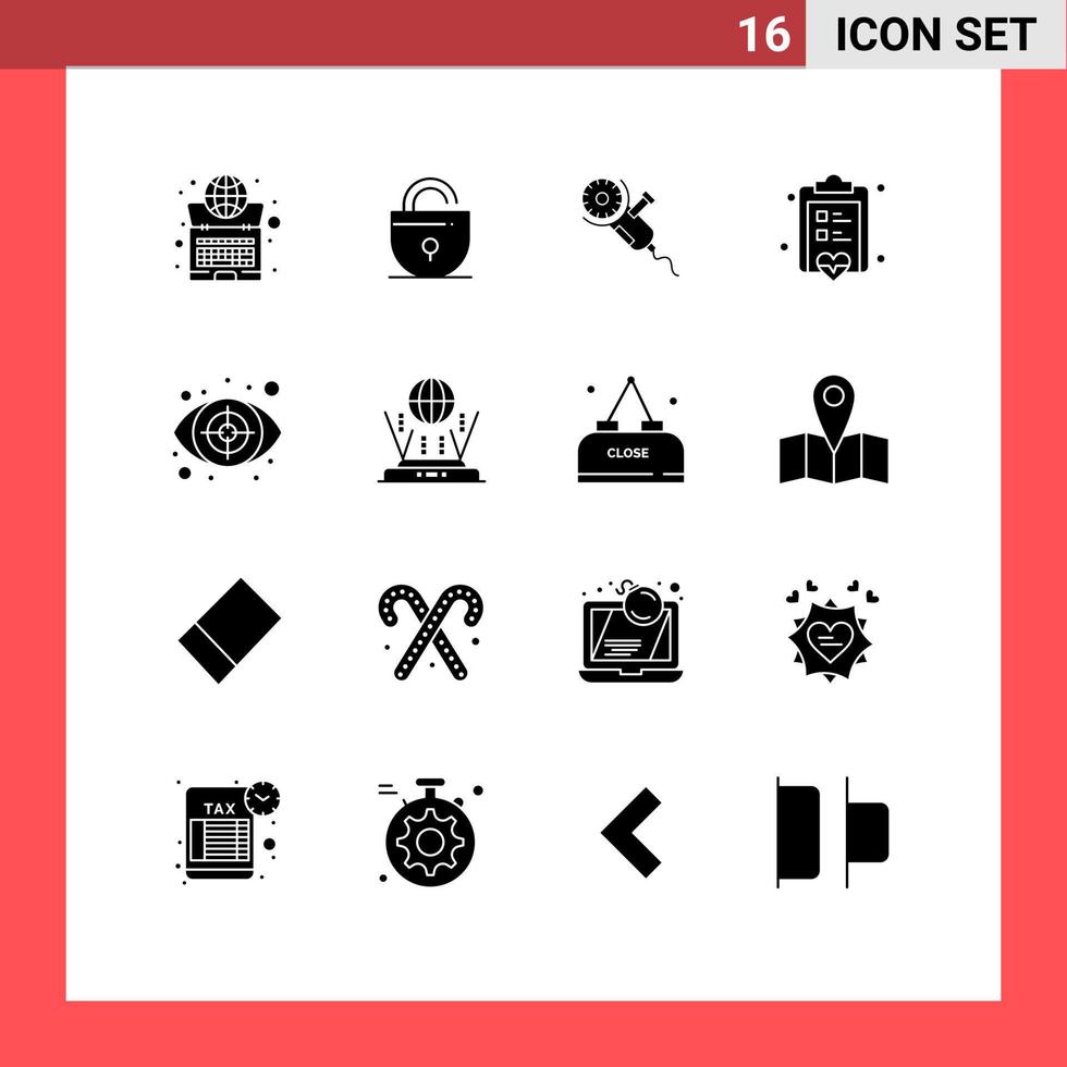 Pack of 16 Modern Solid Glyphs Signs and Symbols for Web Print Media such as love checklist internet board tool Editable Vector Design Elements