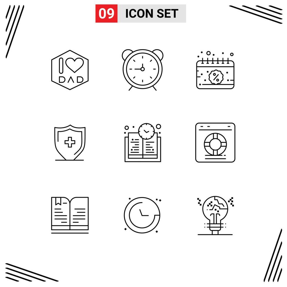 Pack of 9 creative Outlines of education time shield calendar board hospital Editable Vector Design Elements