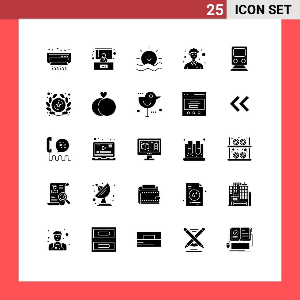 Set of 25 Vector Solid Glyphs on Grid for transportation railway sunset rail man Editable Vector Design Elements