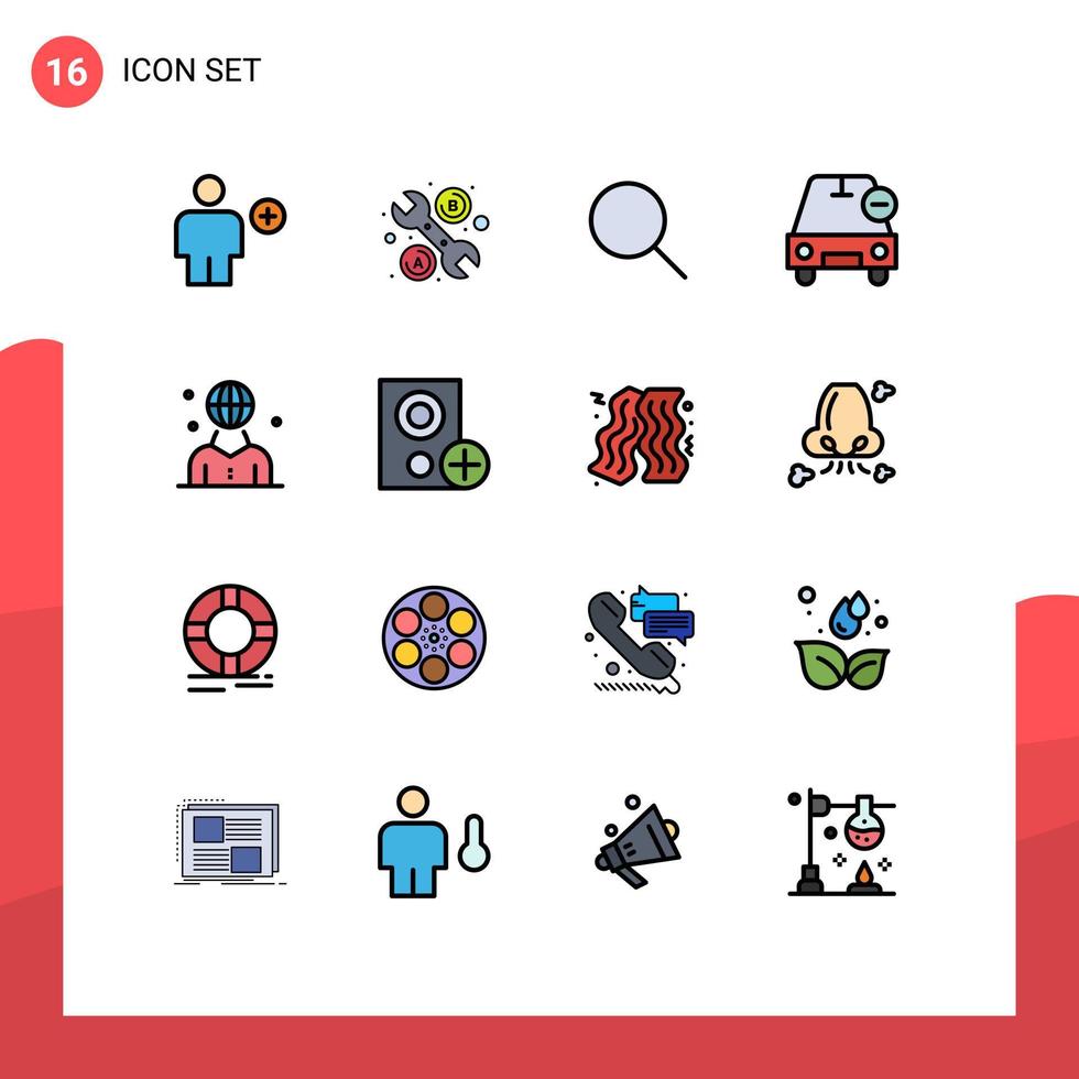 grupo de 16 signos y símbolos de líneas rellenas de color plano para elementos de diseño de vectores creativos editables globales menos búsqueda menos coche