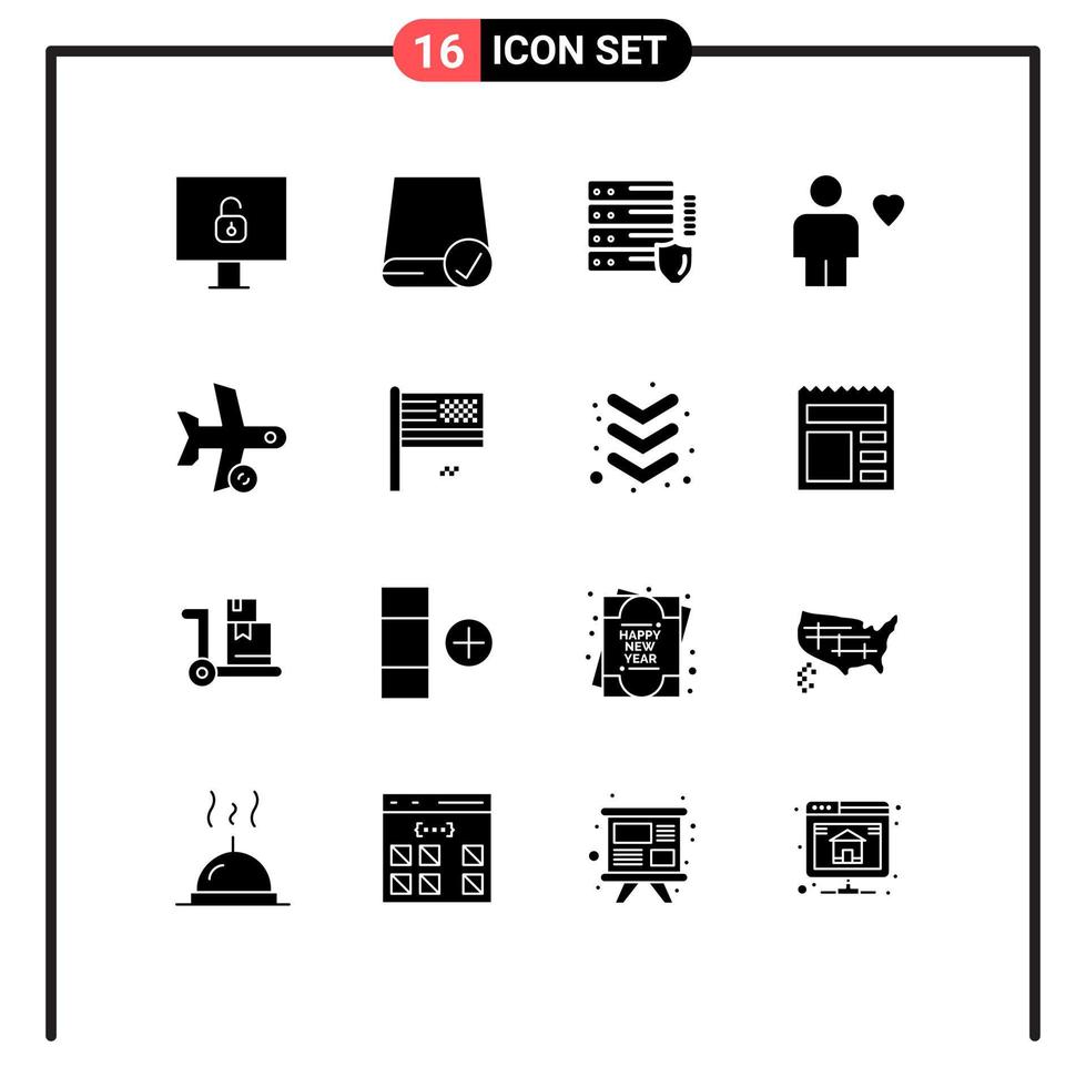 Group of 16 Modern Solid Glyphs Set for flight heart gdpr favorite avatar Editable Vector Design Elements