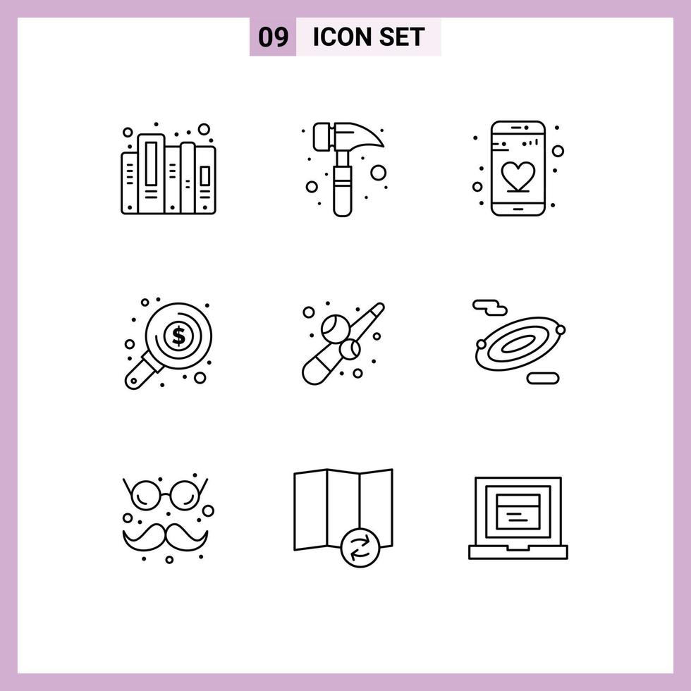 User Interface Pack of 9 Basic Outlines of play fun dating billiard search Editable Vector Design Elements