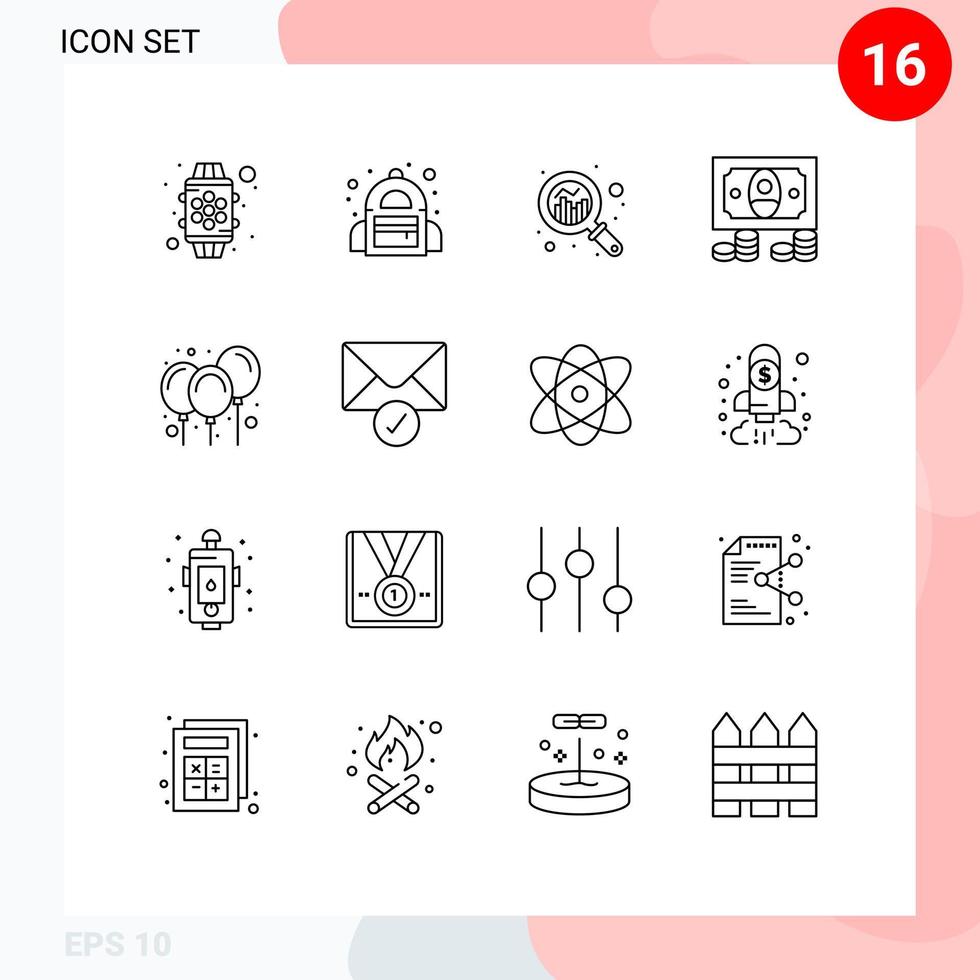 16 Universal Outline Signs Symbols of decoration air growth balloons coins Editable Vector Design Elements