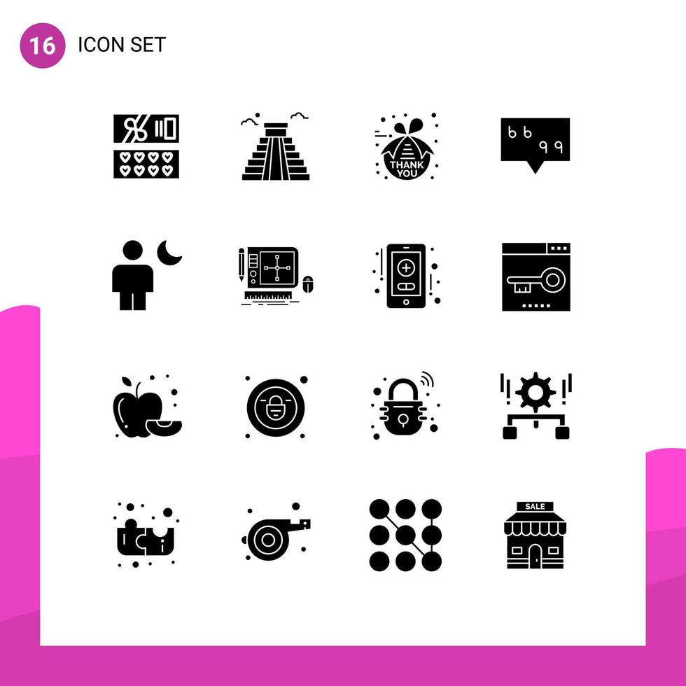 Mobile Interface Solid Glyph Set of 16 Pictograms of moon body thank avatar message Editable Vector Design Elements