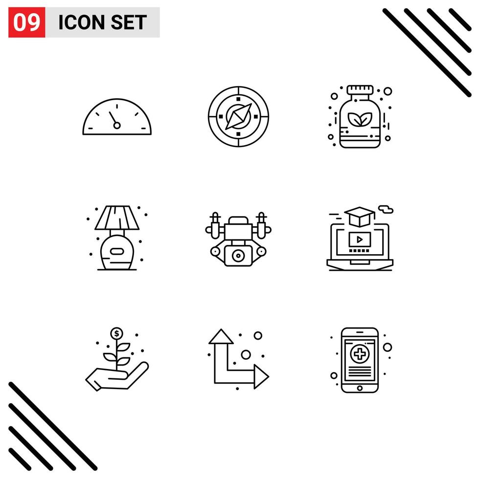 Pack of 9 creative Outlines of technology action herbal lump living Editable Vector Design Elements