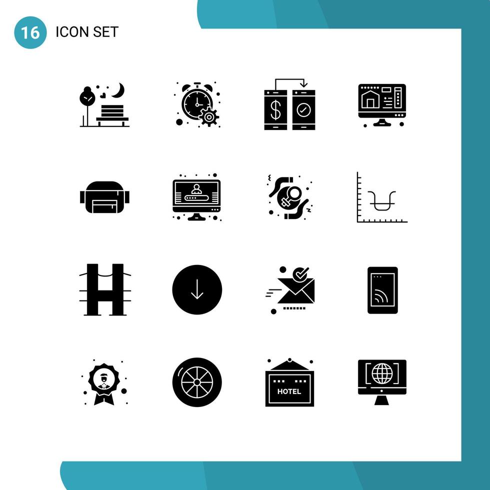 Modern Set of 16 Solid Glyphs and symbols such as bag printing timer computer payment Editable Vector Design Elements