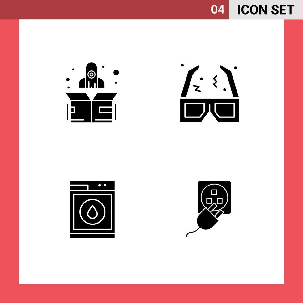 4 Universal Solid Glyph Signs Symbols of rocket washing glasses cinema plug Editable Vector Design Elements