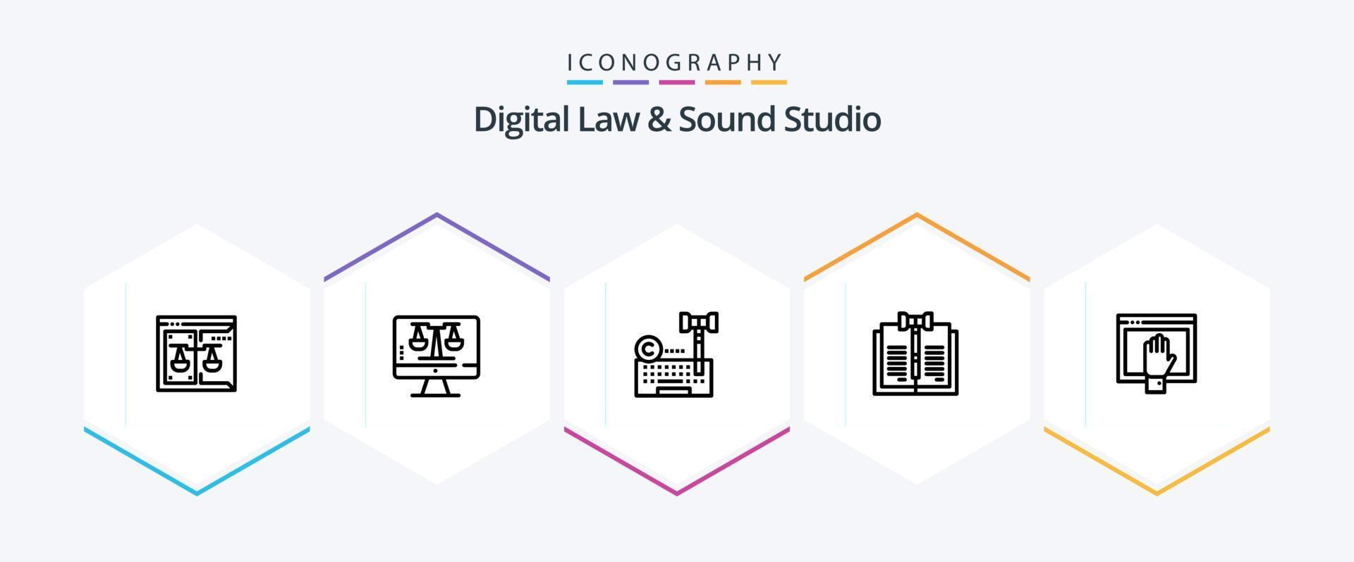 paquete de iconos de 25 líneas de estudio de sonido y ley digital que incluye la ley. derechos de autor. pantalla. negocio. ley vector