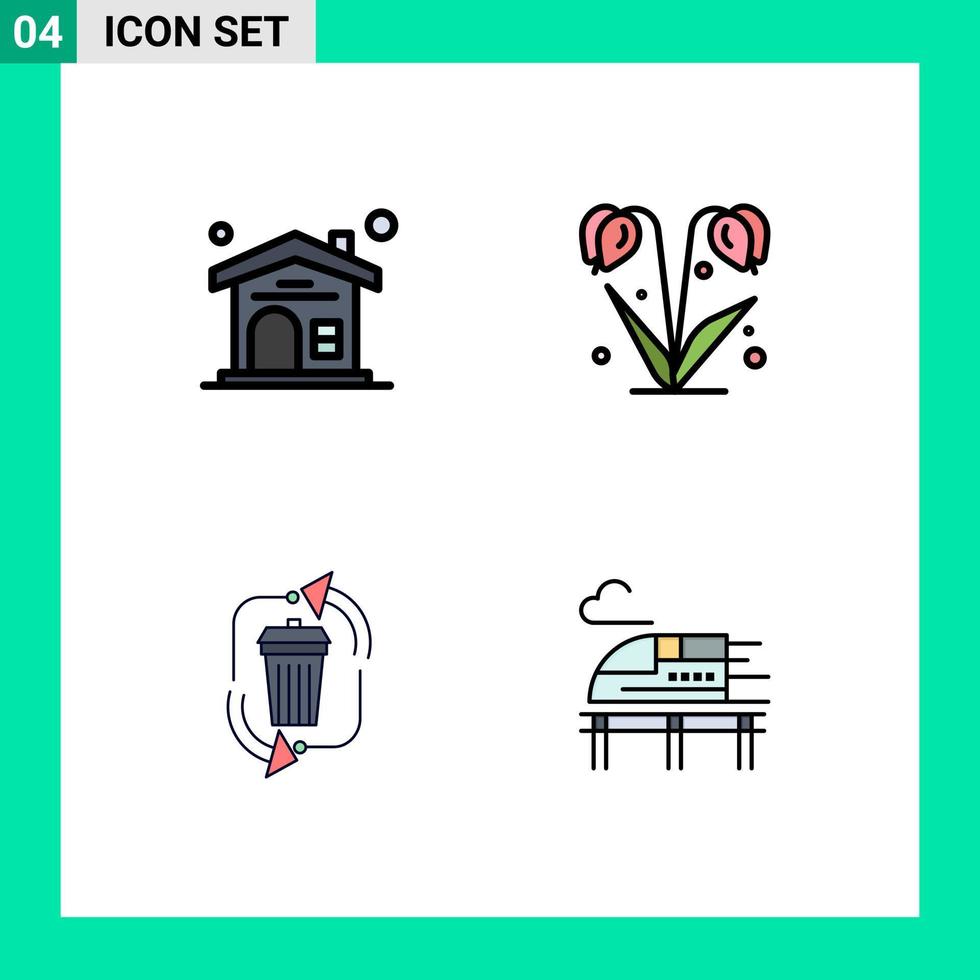 4 Thematic Vector Filledline Flat Colors and Editable Symbols of home garbage flower spring recycle Editable Vector Design Elements