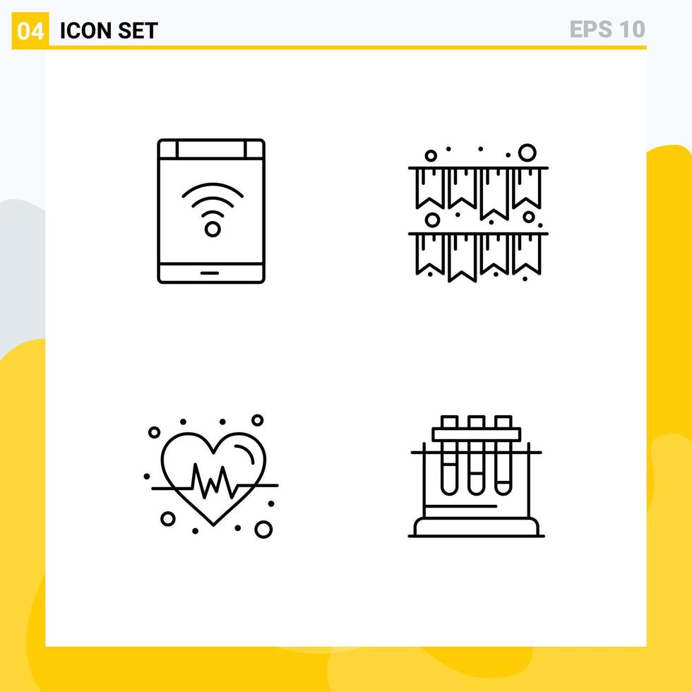 Mobile Interface Line Set of 4 Pictograms of connection heart phone garland lab Editable Vector Design Elements