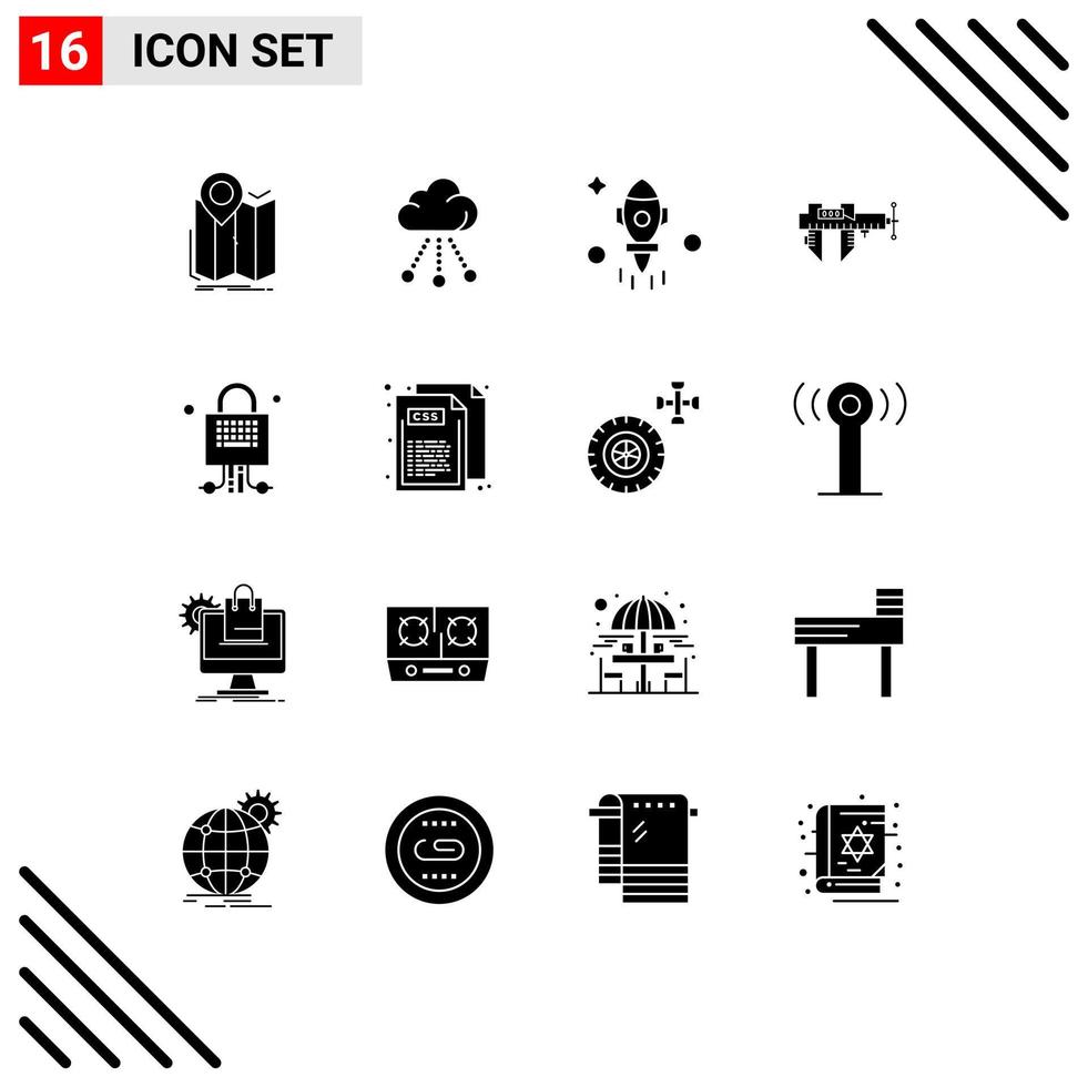 Group of 16 Solid Glyphs Signs and Symbols for scale micrometer technology measure fly Editable Vector Design Elements