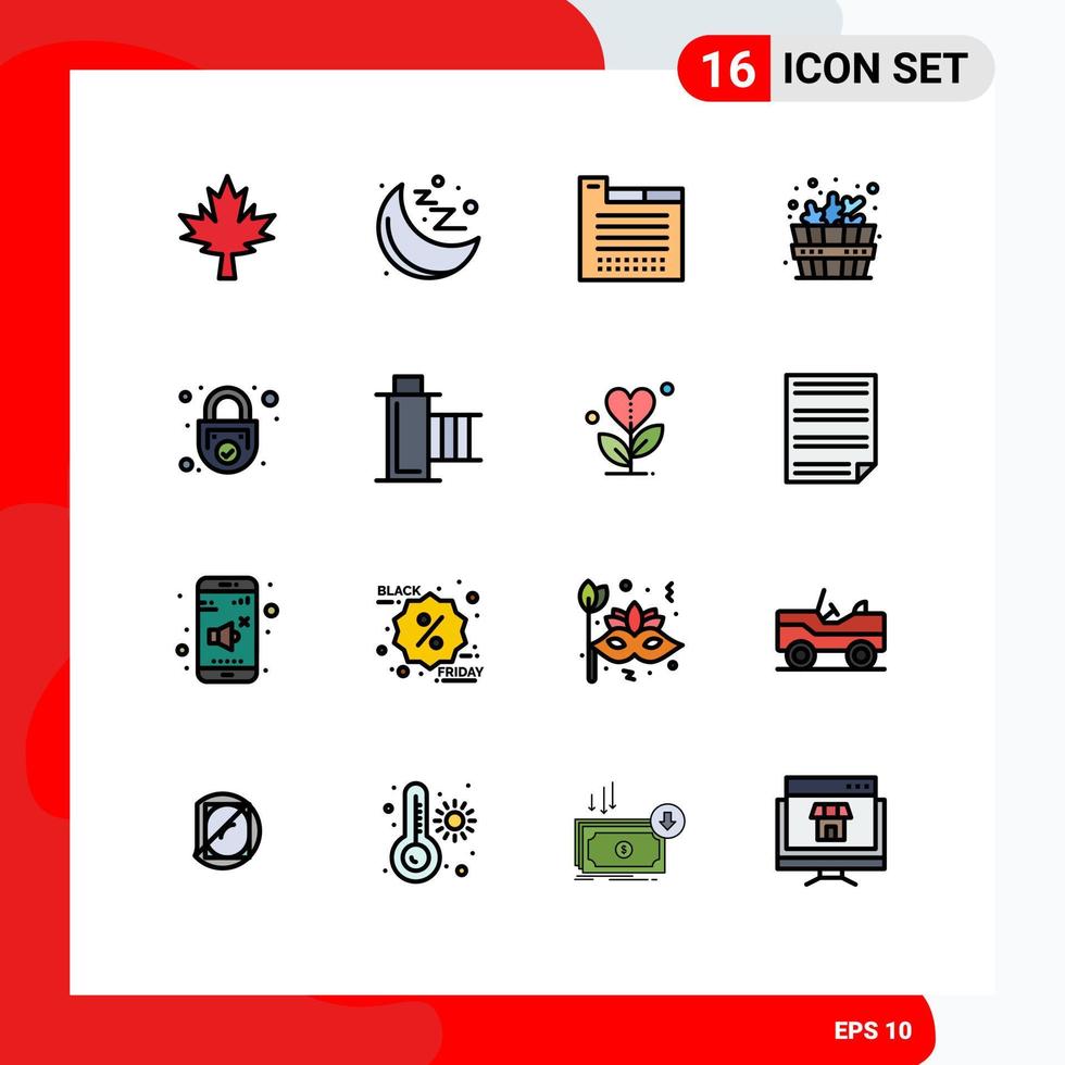 Editable Vector Line Pack of 16 Simple Flat Color Filled Lines of security safe theme padlock spa Editable Creative Vector Design Elements