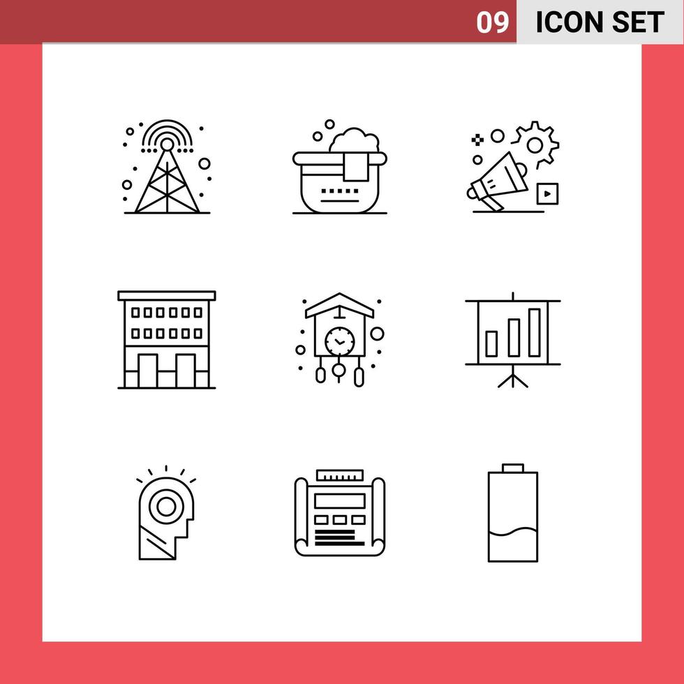 Outline Pack of 9 Universal Symbols of clock shop front setting retail buildings Editable Vector Design Elements