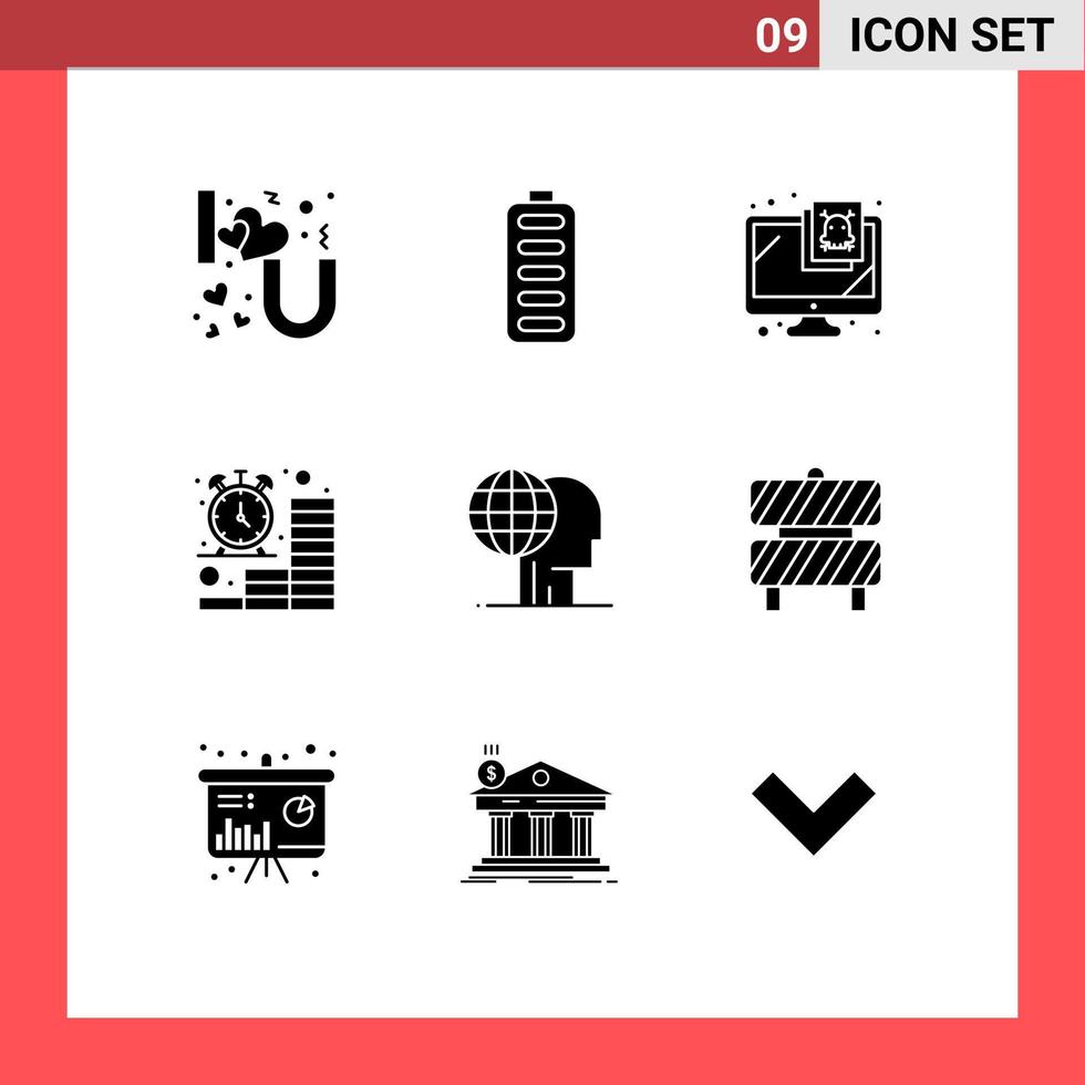 conjunto de glifos sólidos de interfaz móvil de 9 pictogramas de elementos de diseño de vectores editables de negocios de monedas de computadora de finanzas de marketing global