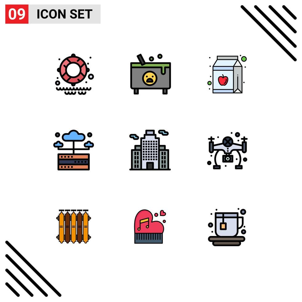 Mobile Interface Filledline Flat Color Set of 9 Pictograms of city server apple network database Editable Vector Design Elements