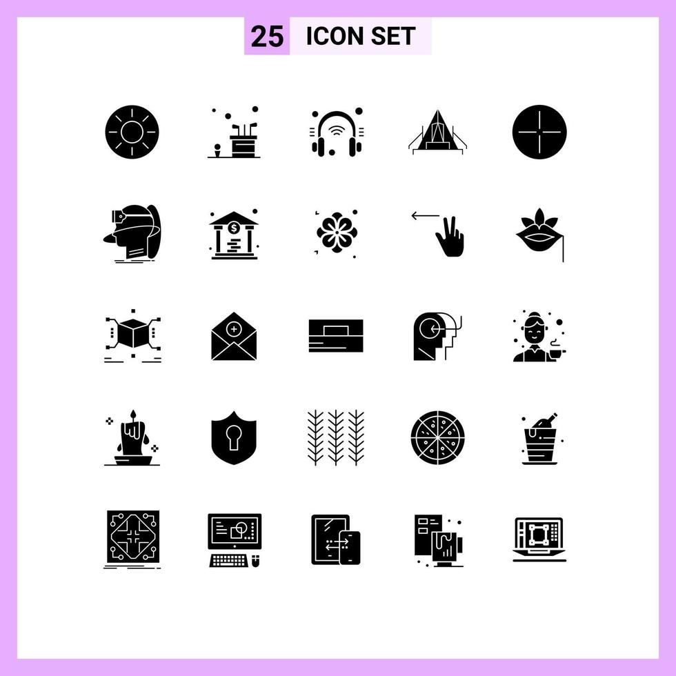 Group of 25 Modern Solid Glyphs Set for campsite camping game tent internet Editable Vector Design Elements