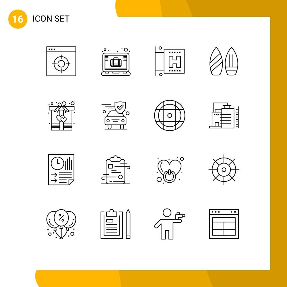 16 iconos creativos, signos y símbolos modernos de la caja actual, signo de hotel, snowboard de invierno, elementos de diseño vectorial editables vector