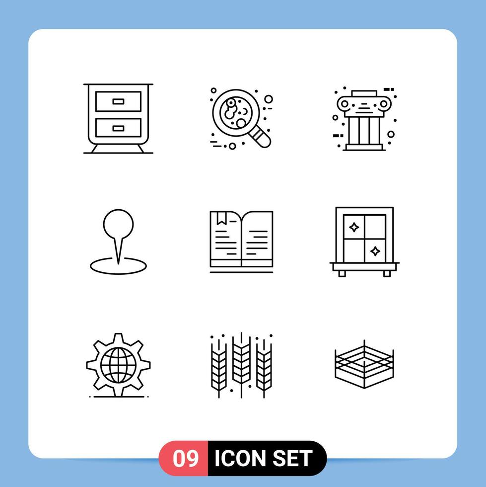 Pictogram Set of 9 Simple Outlines of book pin pillar marker location Editable Vector Design Elements