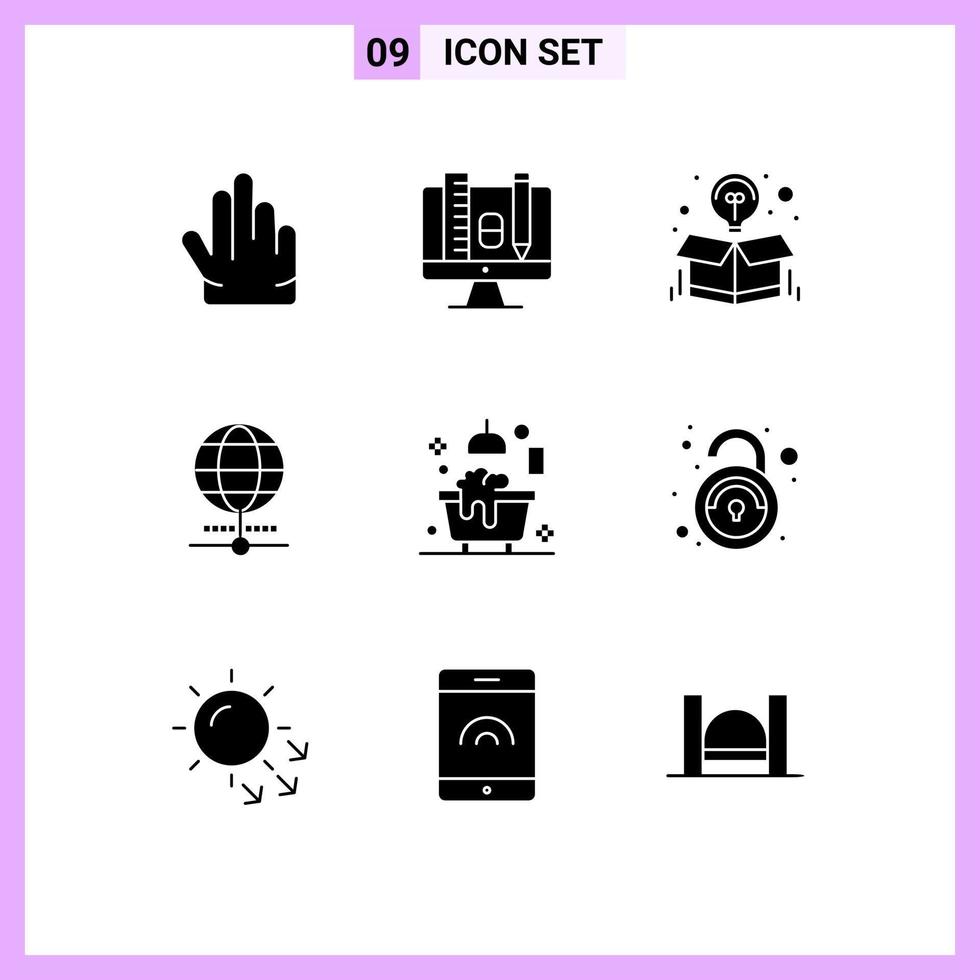 User Interface Pack of 9 Basic Solid Glyphs of bathroom world creative browser globe Editable Vector Design Elements