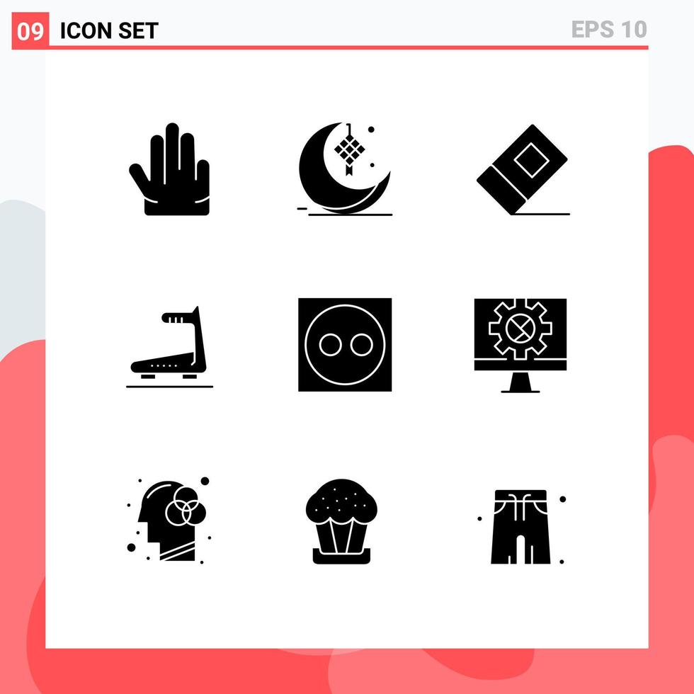 Solid Glyph Pack of 9 Universal Symbols of plug cord education treadmill running Editable Vector Design Elements