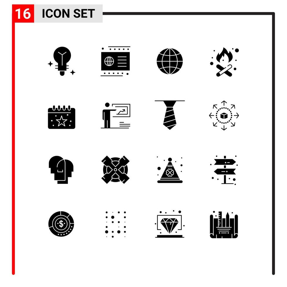 16 Universal Solid Glyph Signs Symbols of presentation date globe calendar fire place Editable Vector Design Elements