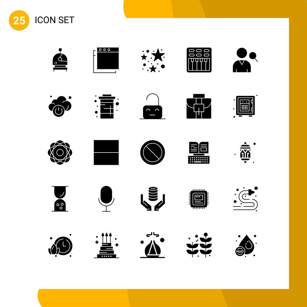 Solid Glyph Pack of 25 Universal Symbols of technology cloud cinema user employee Editable Vector Design Elements